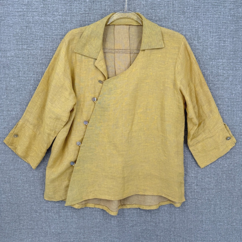 Heydari Linen Asymmetrical Button Top Women One Size Yellow Textured‎ Boho 3/4